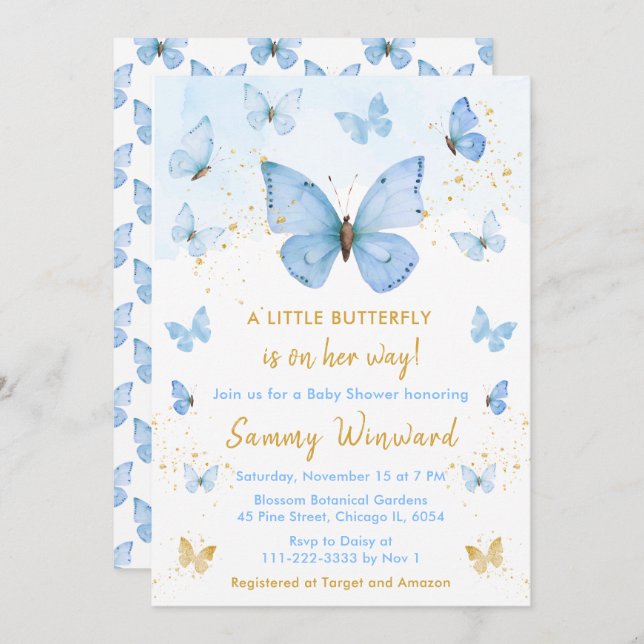 Blue and Gold Butterfly Baby Dusche Einladung (Vorne/Hinten)