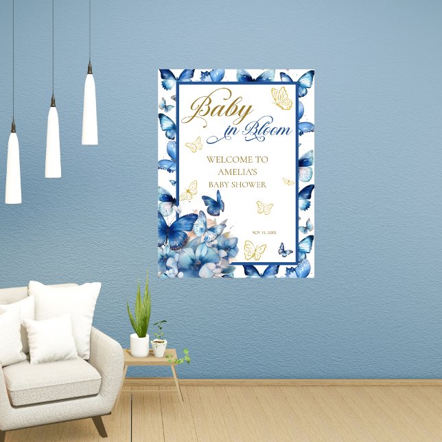 Blue and Gold Butterfly Baby in Bloom Baby Dusche Poster (Von Creator hochgeladen)