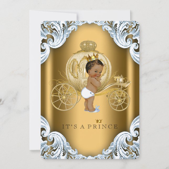 Blue and Gold Carriage Ethnic Prince Baby Dusche Einladung (Vorderseite)