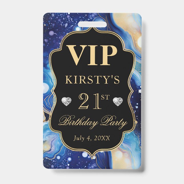 Blue and Gold Celestial Glitzer Agate Birthday VIP Ausweis (Vorderseite)