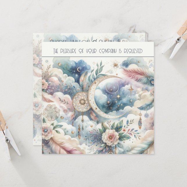 Blue and Gold Celestial Moon Dream Catcher Wedding Einladung (Vorderseite/Rückseite Beispiel)