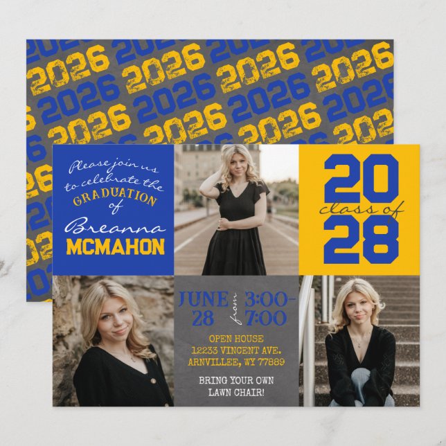 Blue and Gold Chalkboard 3-Foto-Abschluss Einladung (Vorne/Hinten)