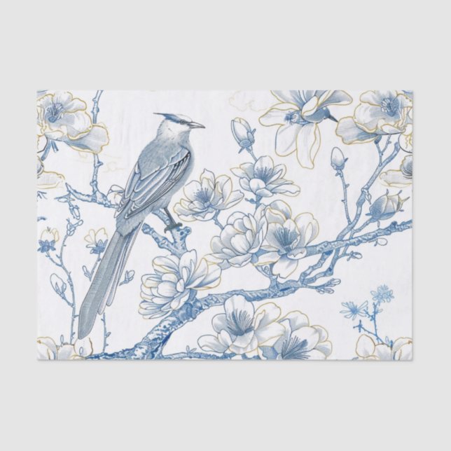 Blue and Gold Chinoiserie French-Toile Bird Seidenpapier (Vorderseite)