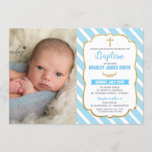 Blue and Gold Christening Taufe Baby Boy Foto Einladung