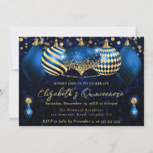 Blue and Gold Christmas Baubles Quinceanera Einladung