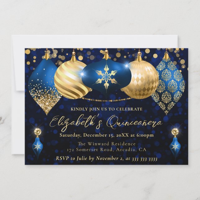 Blue and Gold Christmas Baubles Quinceanera Einladung (Vorderseite)