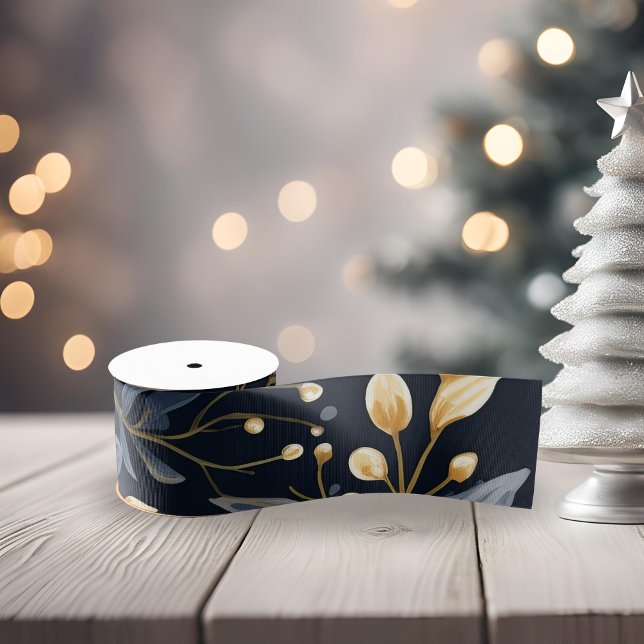 Blue and Gold Christmas Blätter Ripsband (Blue and Gold Leaf Christmas Ribbon)