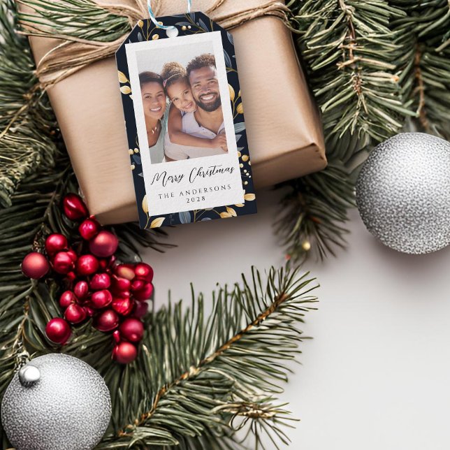 Blue and Gold Christmas Leaf Foto Geschenkanhänger (Blue And Gold Christmas Leaf Photo Gift Tags)