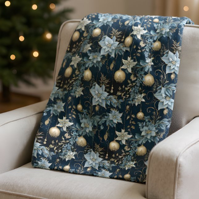 Blue and Gold Christmas Ornaments Poinsettias Fleecedecke (Von Creator hochgeladen)