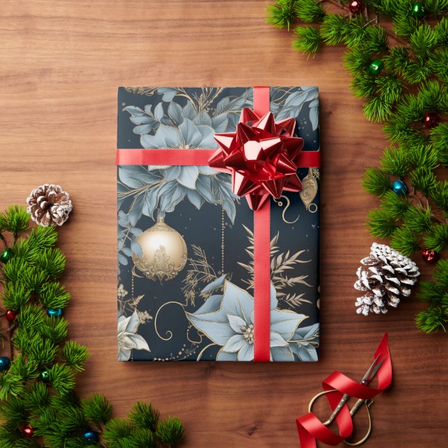 Blue and Gold Christmas Ornaments Poinsettias Geschenkpapier (Feiertagsgeschenk)