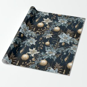 Blue and Gold Christmas Ornaments Poinsettias Geschenkpapier