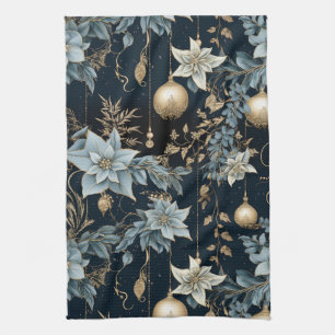 Blue and Gold Christmas Ornaments Poinsettias Geschirrtuch