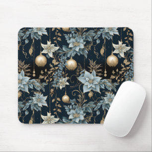 Blue and Gold Christmas Ornaments Poinsettias Mousepad