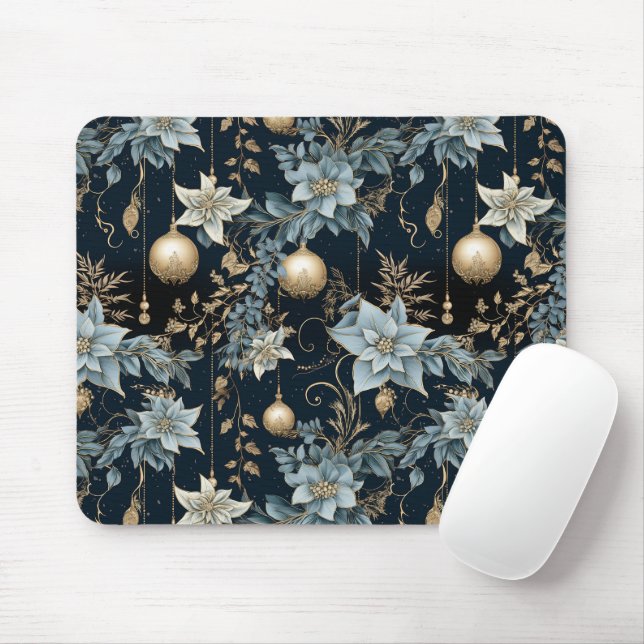Blue and Gold Christmas Ornaments Poinsettias Mousepad (Mit Mouse)