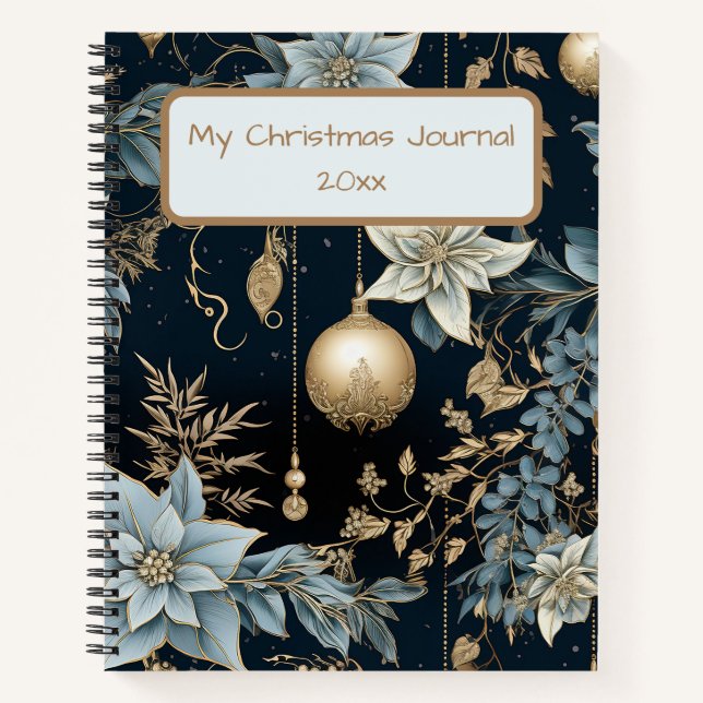 Blue and Gold Christmas Ornaments Poinsettias Notizbuch (Vorderseite)