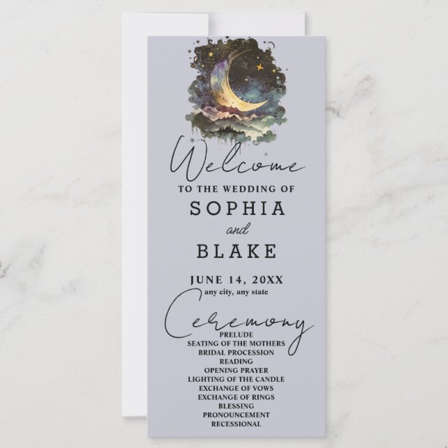 Blue and Gold Crescent Moon Stars Wolken Hochzeite (Vorderseite)