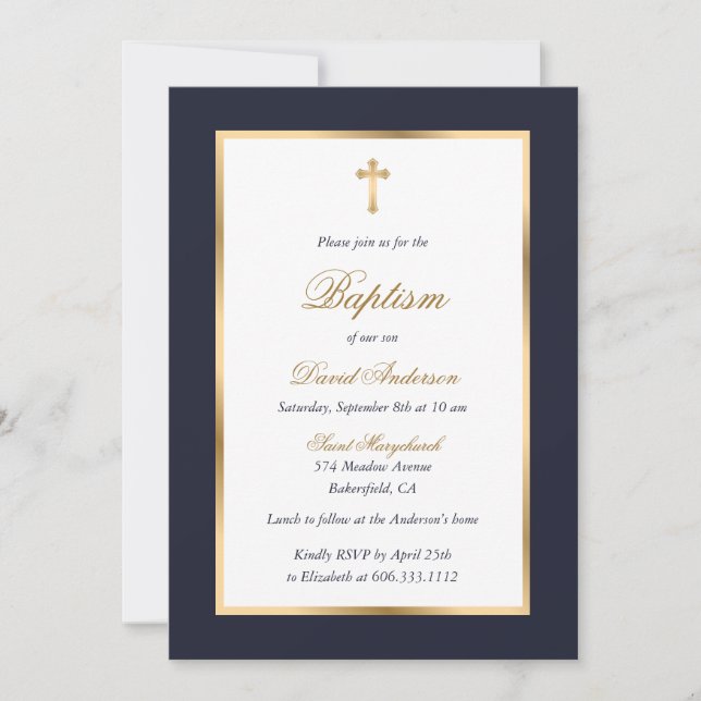 Blue and Gold Cross Elegante Script Taufe Einladung (Vorderseite)
