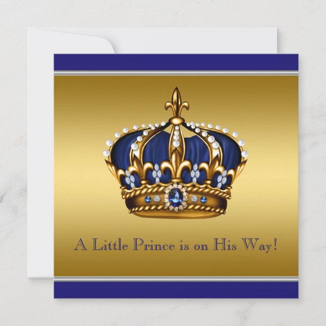 Blue and Gold Crown Little Prince Baby Dusche Einladung (Vorderseite)