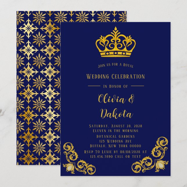 Blue and Gold Damask Royal Wedding Einladung (Vorne/Hinten)
