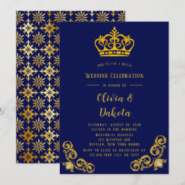 Blue and Gold Damask Royal Wedding Einladung