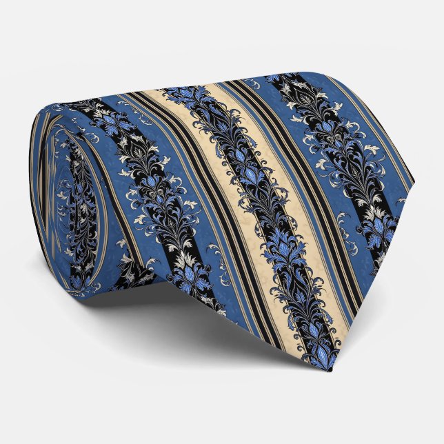 Blue and Gold Damask Stripes Krawatte (Gerollt)