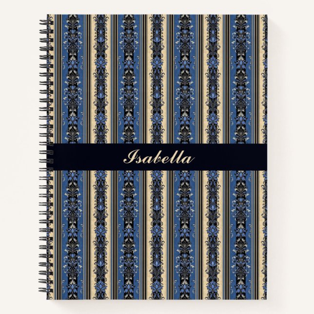 Blue and Gold Damask Stripes Notizbuch (Vorderseite)
