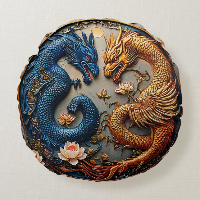 Blue and Gold Dragons in Yin Yang Design Rundes Kissen (Vorderseite)
