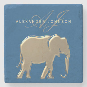 Blue and Gold Elephant Mit Monogramm Steinuntersetzer