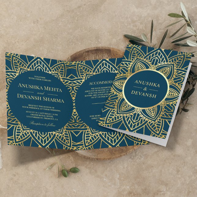 Blue and Gold Ethnic Mandala Indian Wedding Einladung (Von Creator hochgeladen)