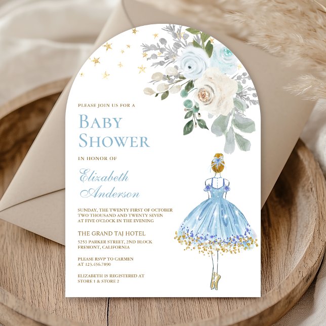 Blue and Gold Floral Ballerina Arch Baby Dusche Einladung (Von Creator hochgeladen)