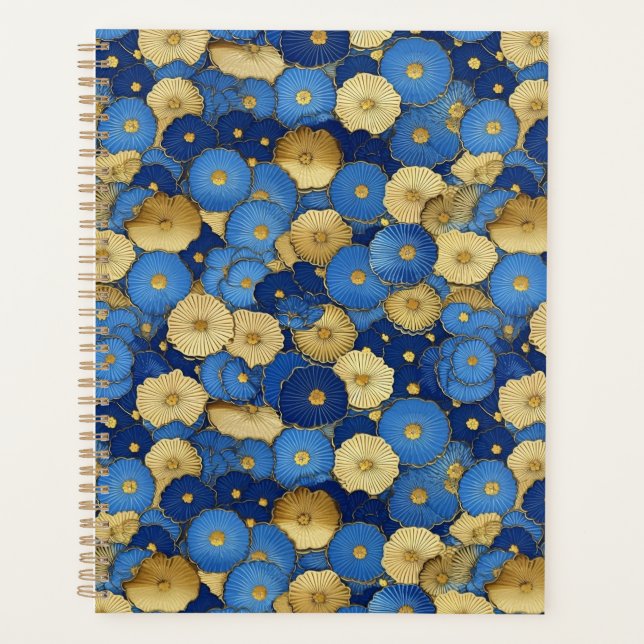 Blue and Gold Floral Chiyogami Planner Planer (Vorderseite)