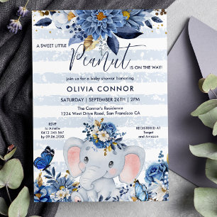 Blue and Gold Floral Elephant Baby Boy Dusche Einladung
