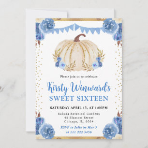 Blue and Gold Floral Pumpkin Fall Sweet 16 Einladung