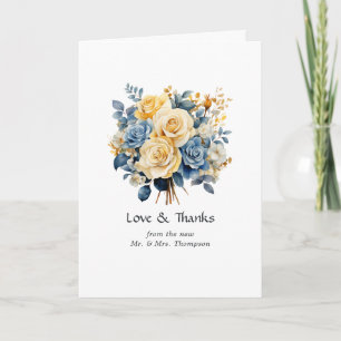Blue and Gold Floral Wedding Foto Dankeskarte