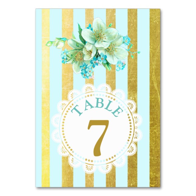 Blue and Gold Floral Wedding Tischnummer Card (Rückseite)