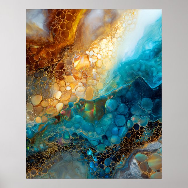 Blue and Gold Fluid Art Abstract Poster (Vorne)
