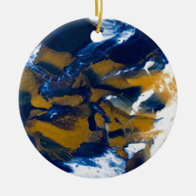 Blue and Gold Fluid Marble Art Keramik Ornament (Vorne)
