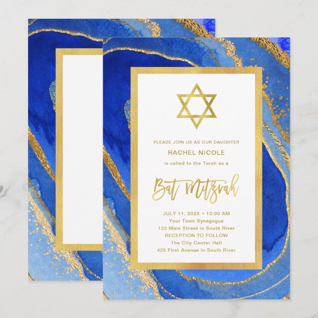 Blue and Gold Geode | Star von David Bat Mitzvah Einladung (Vorne/Hinten)