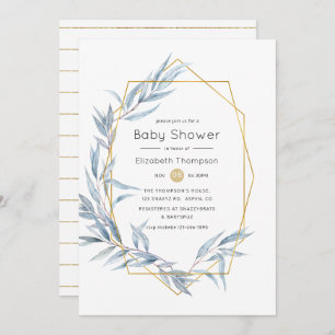Blue and Gold Geometric Eucalyptus Baby Shower Einladung