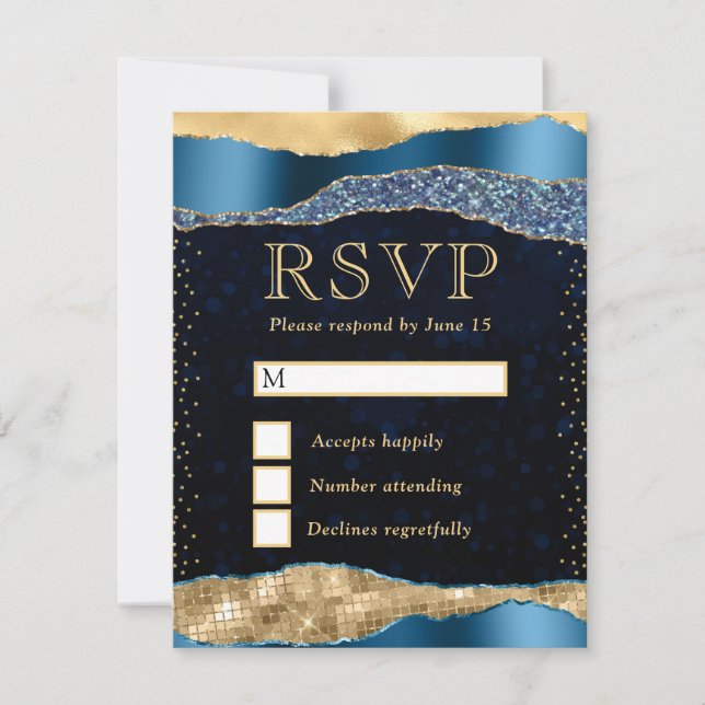 Blue and Gold Glam Tears Bokeh Wedding RSVP Karte (Vorderseite)