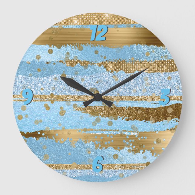 Blue and Gold Glam Wall Clock Große Wanduhr (Vorderseite)