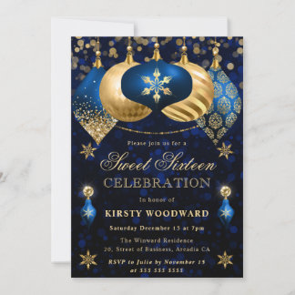 Blue and Gold Glitzer Baubles 16 . Geburtstag Einladung
