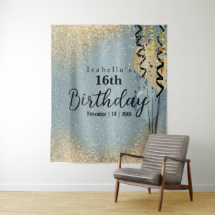 Blue and Gold Glitzer Birthday Tapestry Wandteppich