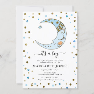 Blue and Gold Glitzer Confetti Moon Babydusche Einladung