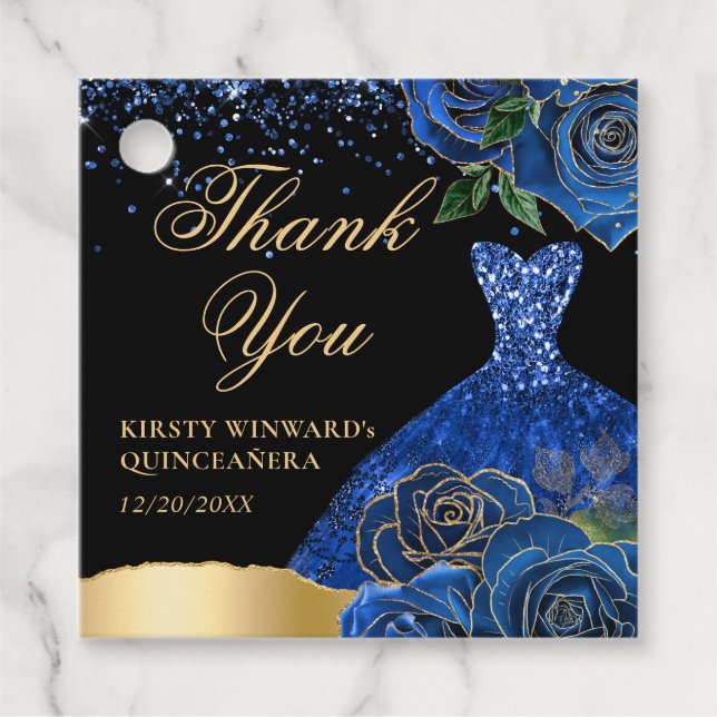 Blue and Gold Glitzer Dress Glam Rose Quinceanera Geschenkanhänger (Vorderseite)