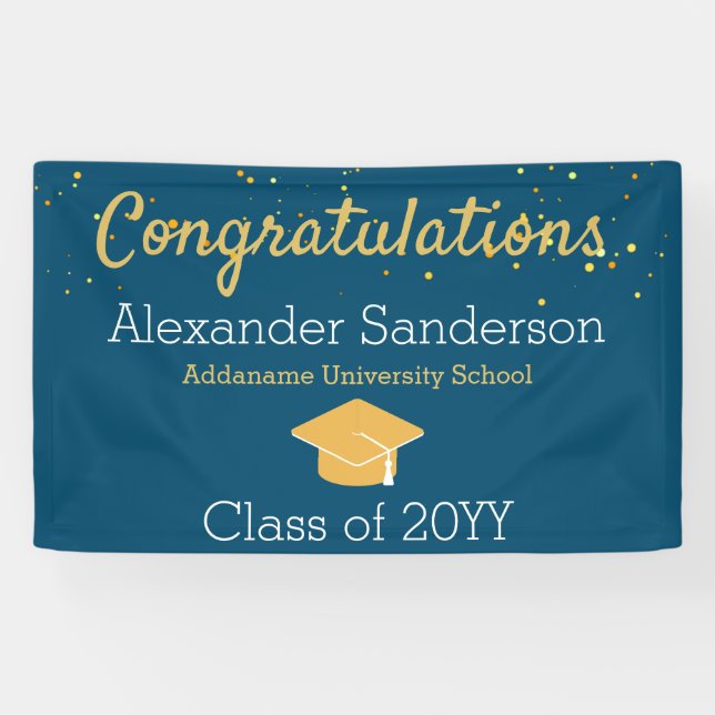 Blue and Gold Glitzer Glückwunschs Grad Abschluss Banner (Horizontal)