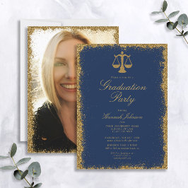 Blue and Gold Glitzer Law School Foto Abschluss Einladung