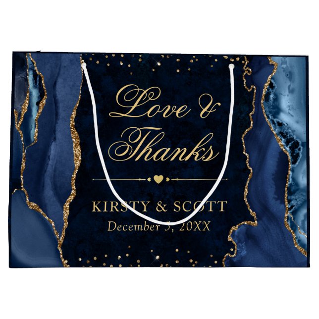 Blue and Gold Glitzer Marble Agate Wedding Große Geschenktüte (Rückseite)