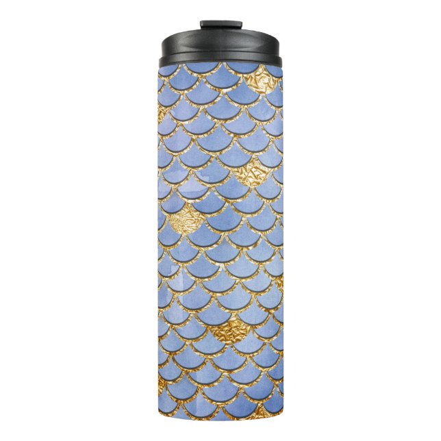 Blue and Gold Glitzer Mermaid Scales Thermosbecher (Vorderseite)