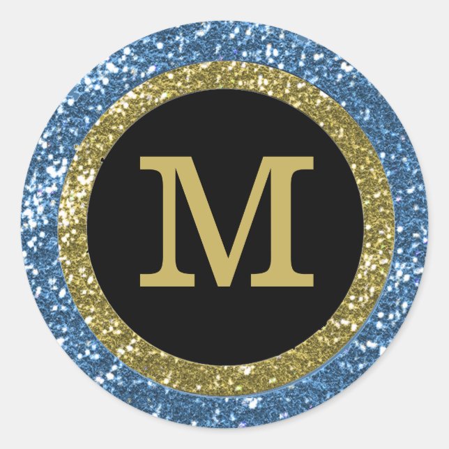 Blue and Gold Glitzer Mit Monogramm Runder Aufkleber (Vorderseite)